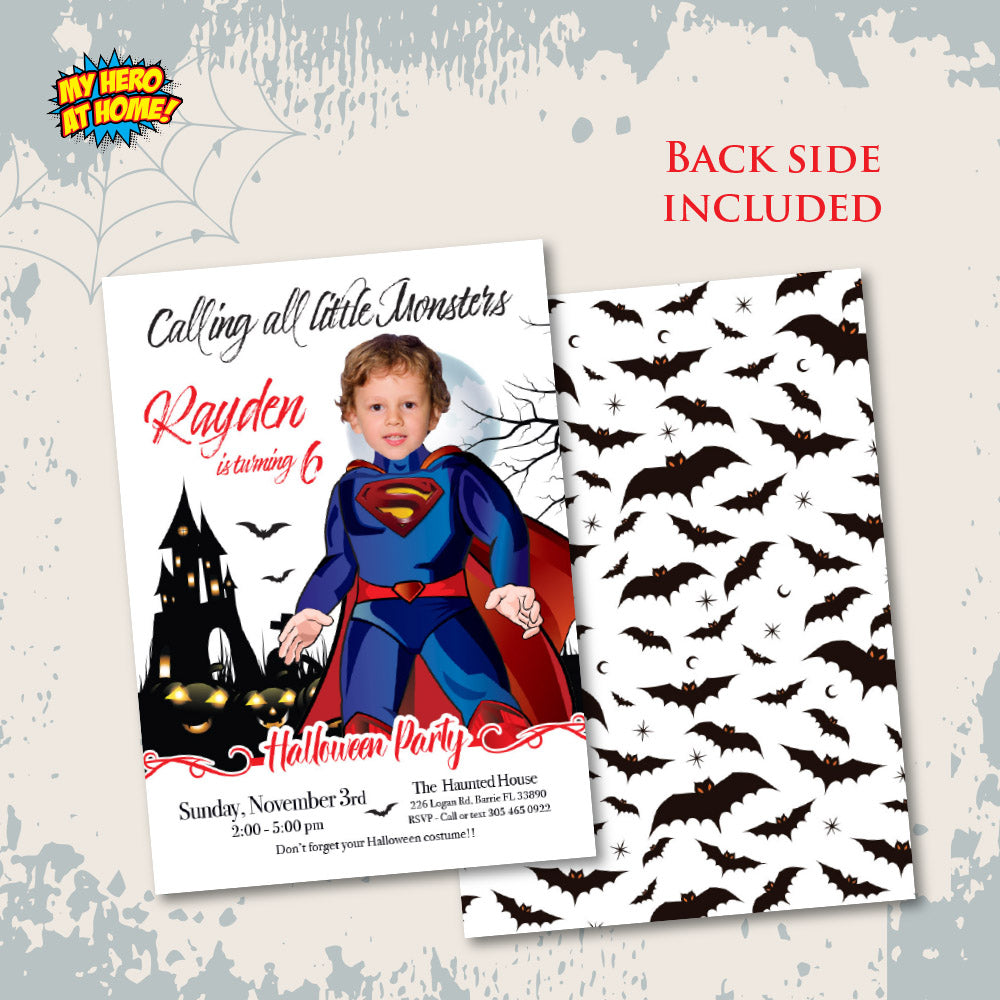 Superman Halloween birthday Invitation, Halloween Superman template, Superman invitation for Halloween party. 2072