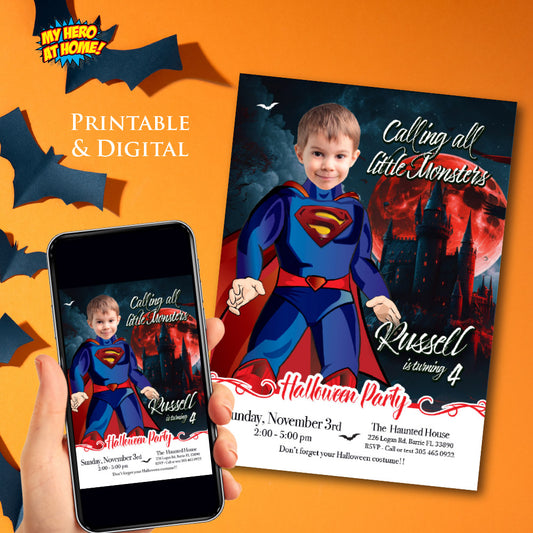 Superman Halloween birthday party template, Halloween Superman invite,  Halloween party with Superman. 2073