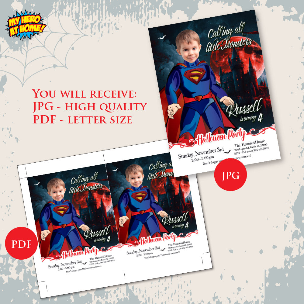 Superman Halloween birthday party template, Halloween Superman invite, Halloween party with Superman. 2073