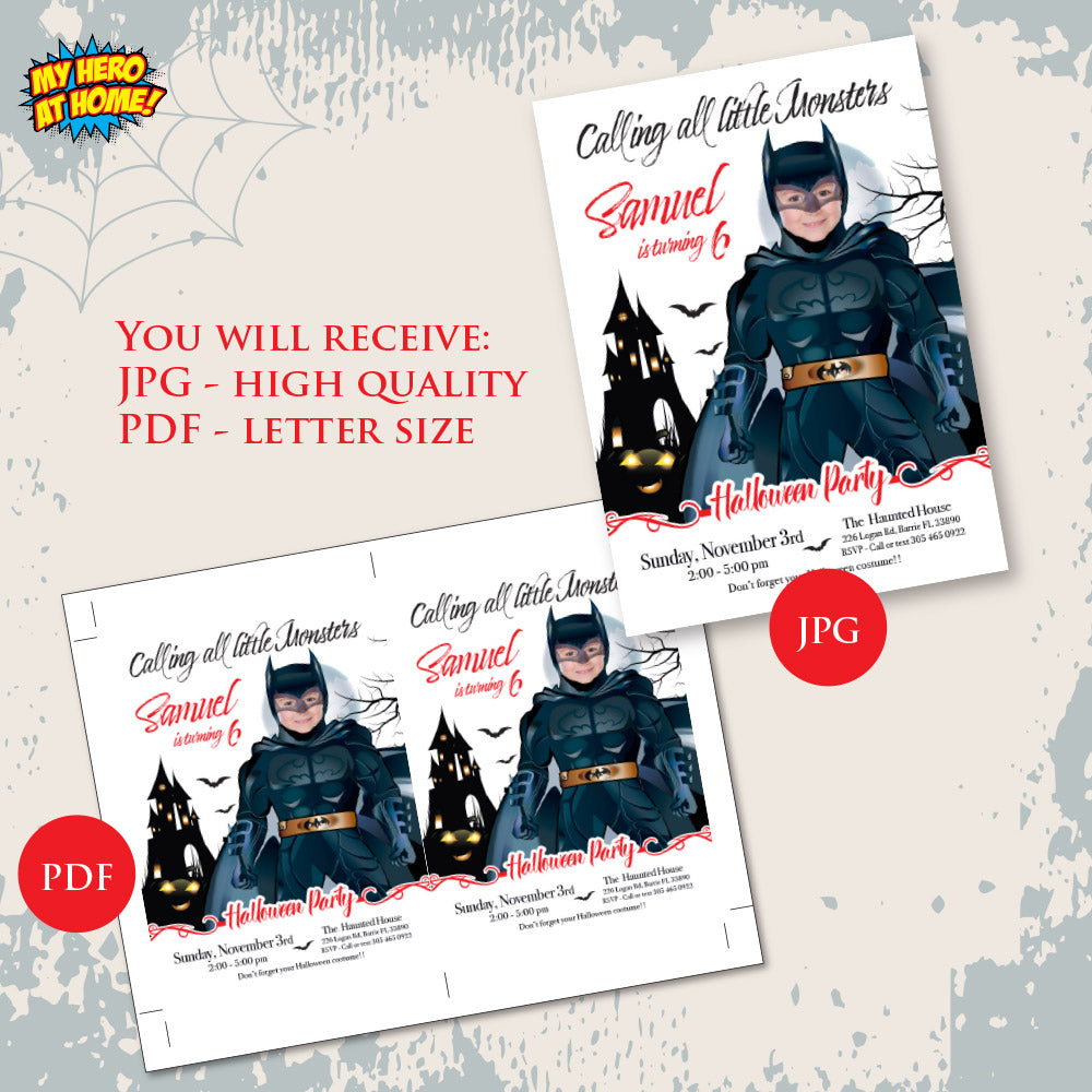 Batman Halloween birthday Invitation, Halloween Batman template, Batman invitation for Halloween party. 2074