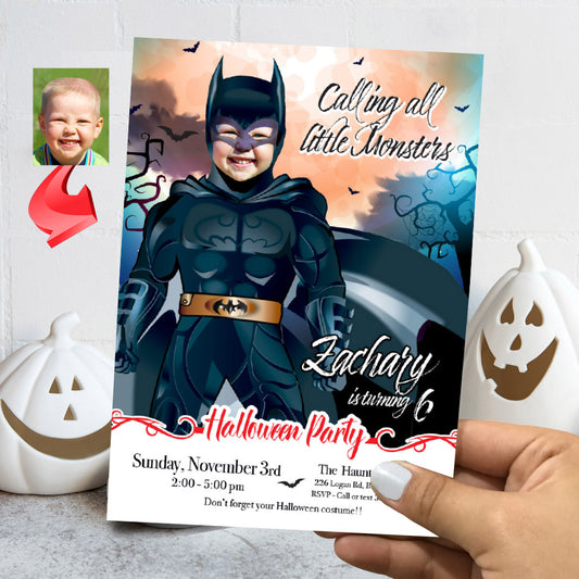 Batman Halloween birthday party template, Halloween Batman invite, Custom Batman photo Halloween invitation. 2075