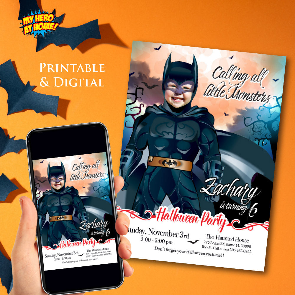 Batman Halloween birthday party template, Halloween Batman invite, Custom Batman photo Halloween invitation. 2075