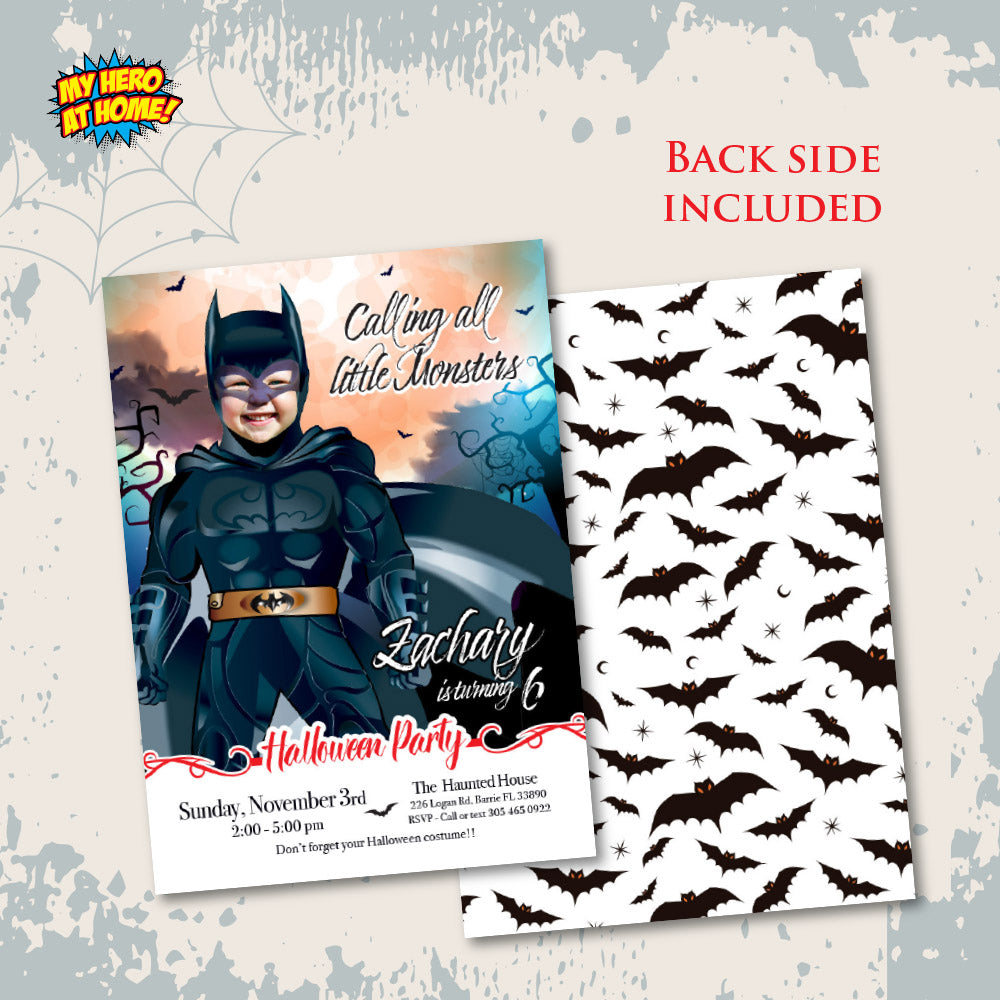 Batman Halloween birthday party template, Halloween Batman invite, Custom Batman photo Halloween invitation. 2075
