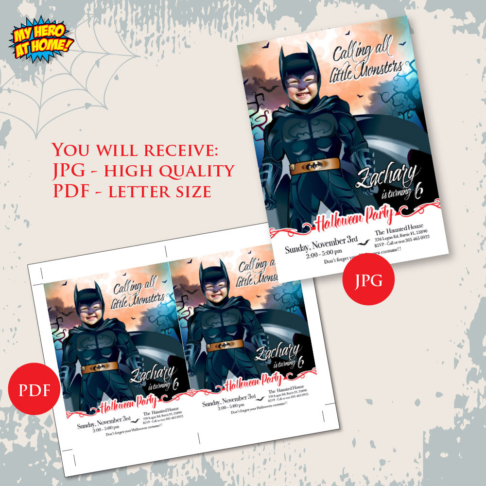 Batman Halloween birthday party template, Halloween Batman invite, Custom Batman photo Halloween invitation. 2075