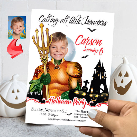 Aquaman Halloween birthday Invitation, Halloween Aquaman template, Aquaman invitation for Halloween party. 2076