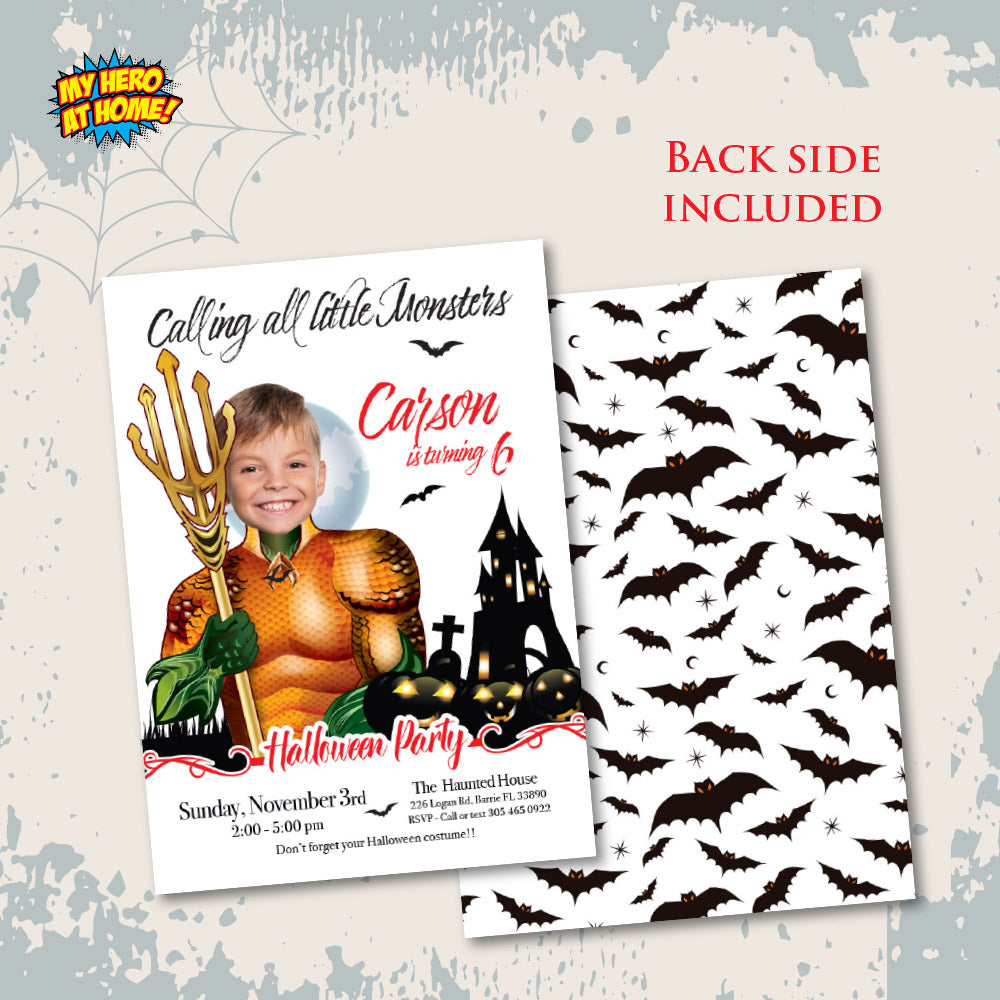 Aquaman Halloween birthday Invitation, Halloween Aquaman template, Aquaman invitation for Halloween party. 2076