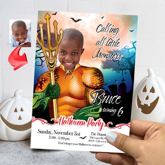 Aquaman Halloween birthday party template, Halloween Aquaman invite, Spooky Aquaman digital invite. 2077