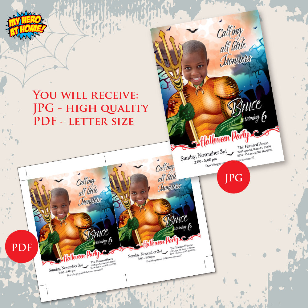 Aquaman Halloween birthday party template, Halloween Aquaman invite, Spooky Aquaman digital invite. 2077