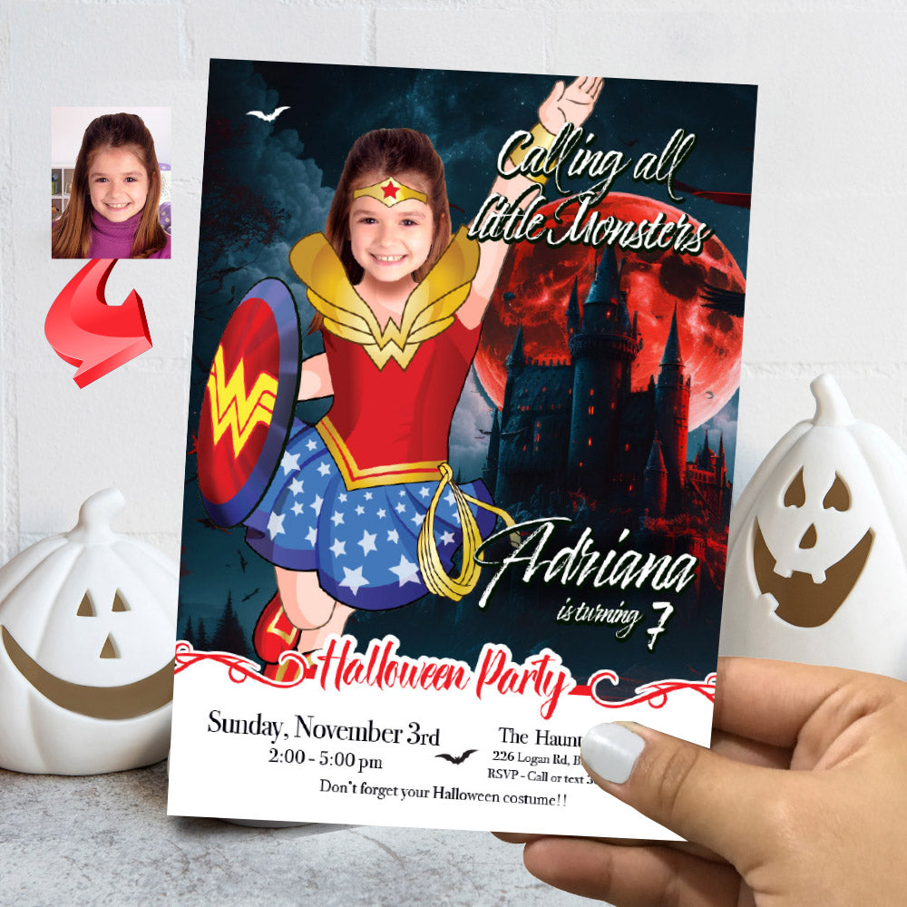 Wonder Woman Halloween birthday Invitation, Halloween Wonder Woman template, Wonder Girl invite for Halloween party. 2078