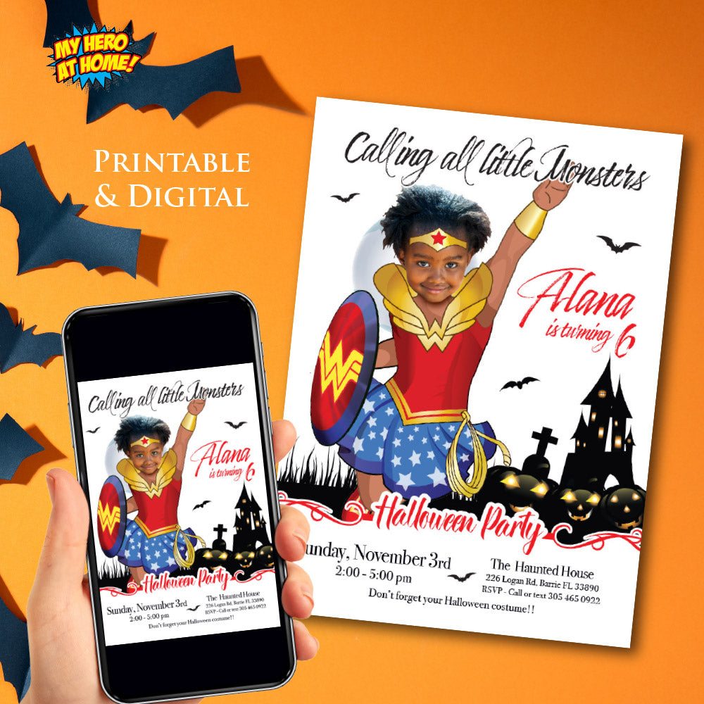 Wonder Girl Halloween birthday party template, Halloween Wonder Woman invite, Spooky Wonder Woman evite. 2079