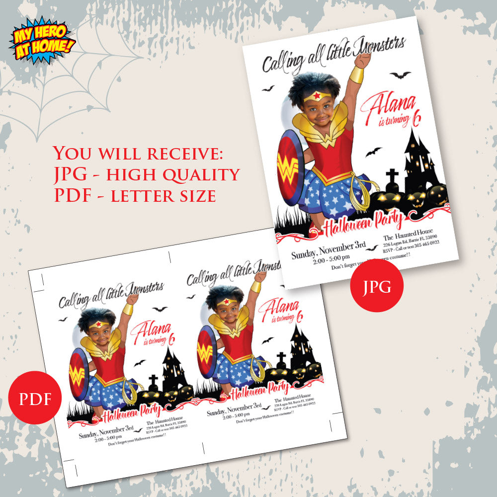 Wonder Girl Halloween birthday party template, Halloween Wonder Woman invite, Spooky Wonder Woman evite. 2079