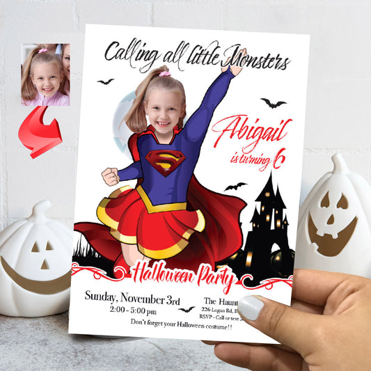 Supergirl Halloween birthday Invitation, Halloween Supergirl template, Supergirl birthday Halloween party. 2080
