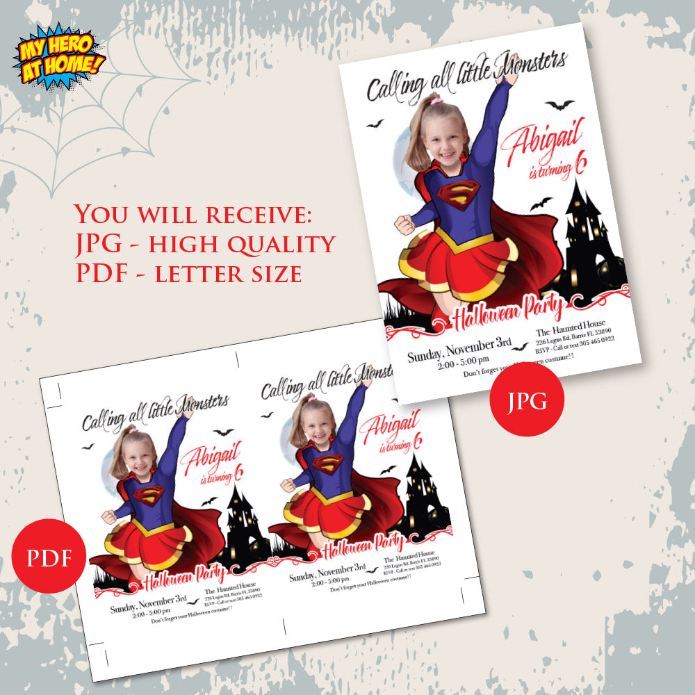 Supergirl Halloween birthday Invitation, Halloween Supergirl template, Supergirl birthday Halloween party. 2080