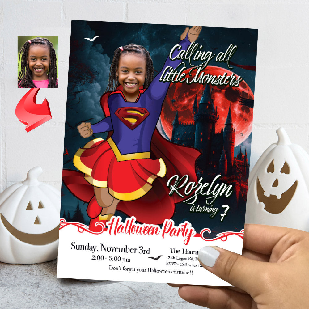 Supergirl Halloween birthday party template, Halloween Supergirl invite, Supergirl birthday invitation themed Halloween. 2081