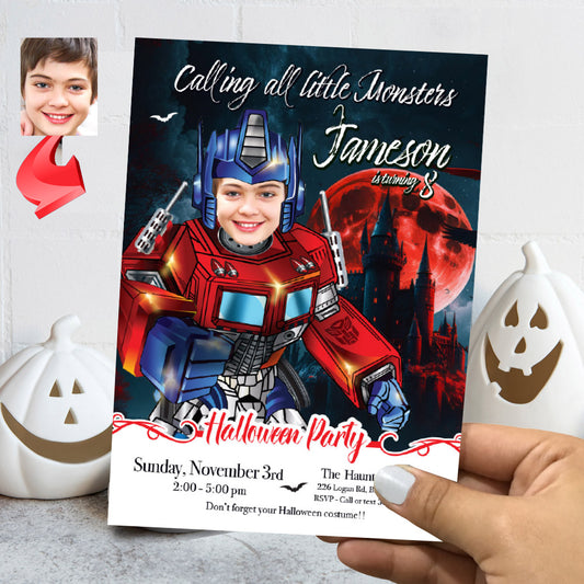 Optimus Prime Halloween birthday Invitation, Halloween Optimus Prime template, Optimus Prime invitation for Halloween party. 2086