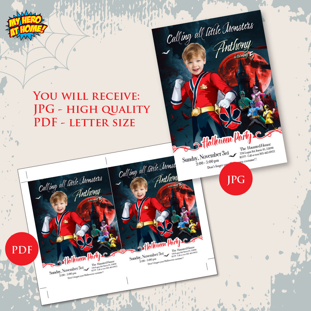 Power Rangers Halloween birthday Invitation, Halloween Power Rangers template, Power Rangers invitation for Halloween party. 2088