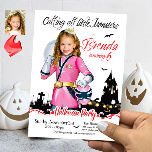 Pink Power Rangers Halloween party Invitation, Girl Power Rangers Halloween template, Power Rangers girl birthday. 2090