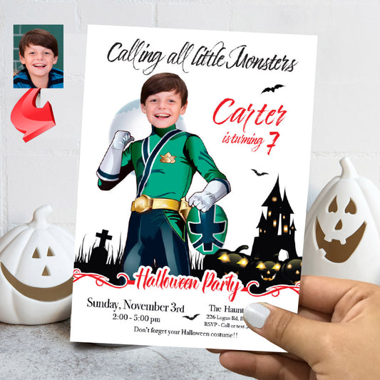 Green Power Ranger Halloween party Invitation, Halloween Green Power Ranger template, Green ranger birthday. 2091