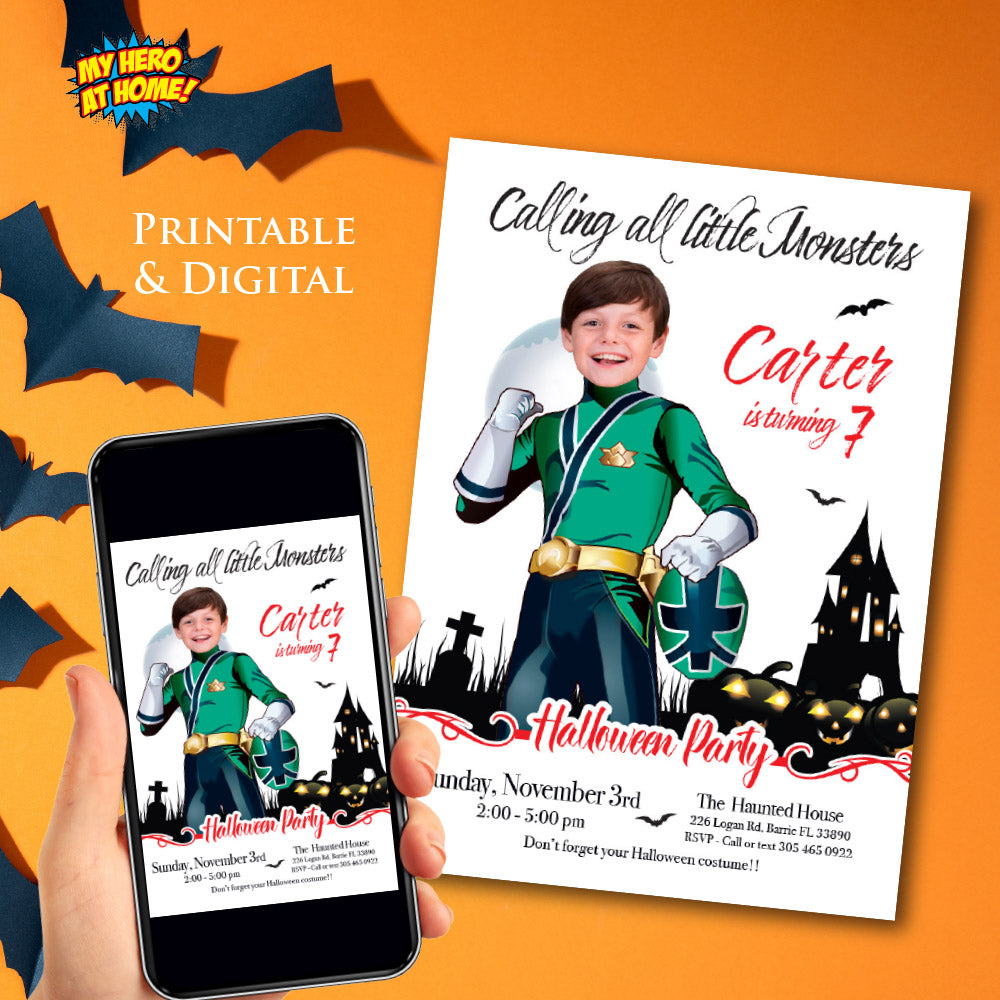 Green Power Ranger Halloween party Invitation, Halloween Green Power Ranger template, Green ranger birthday. 2091