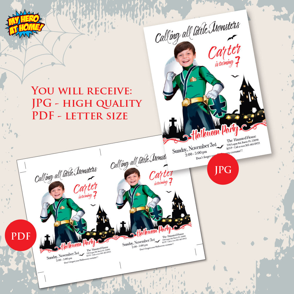 Green Power Ranger Halloween party Invitation, Halloween Green Power Ranger template, Green ranger birthday. 2091