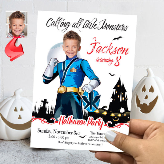Blue Power Rangers Halloween party Invitation, Halloween Blue Power Ranger template, Blue Ranger birthday invite. 2092