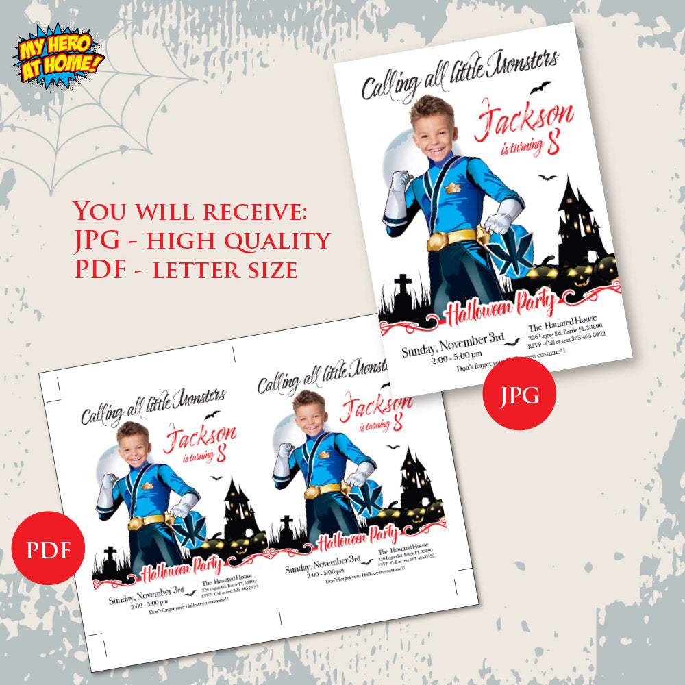 Blue Power Rangers Halloween party Invitation, Halloween Blue Power Ranger template, Blue Ranger birthday invite. 2092