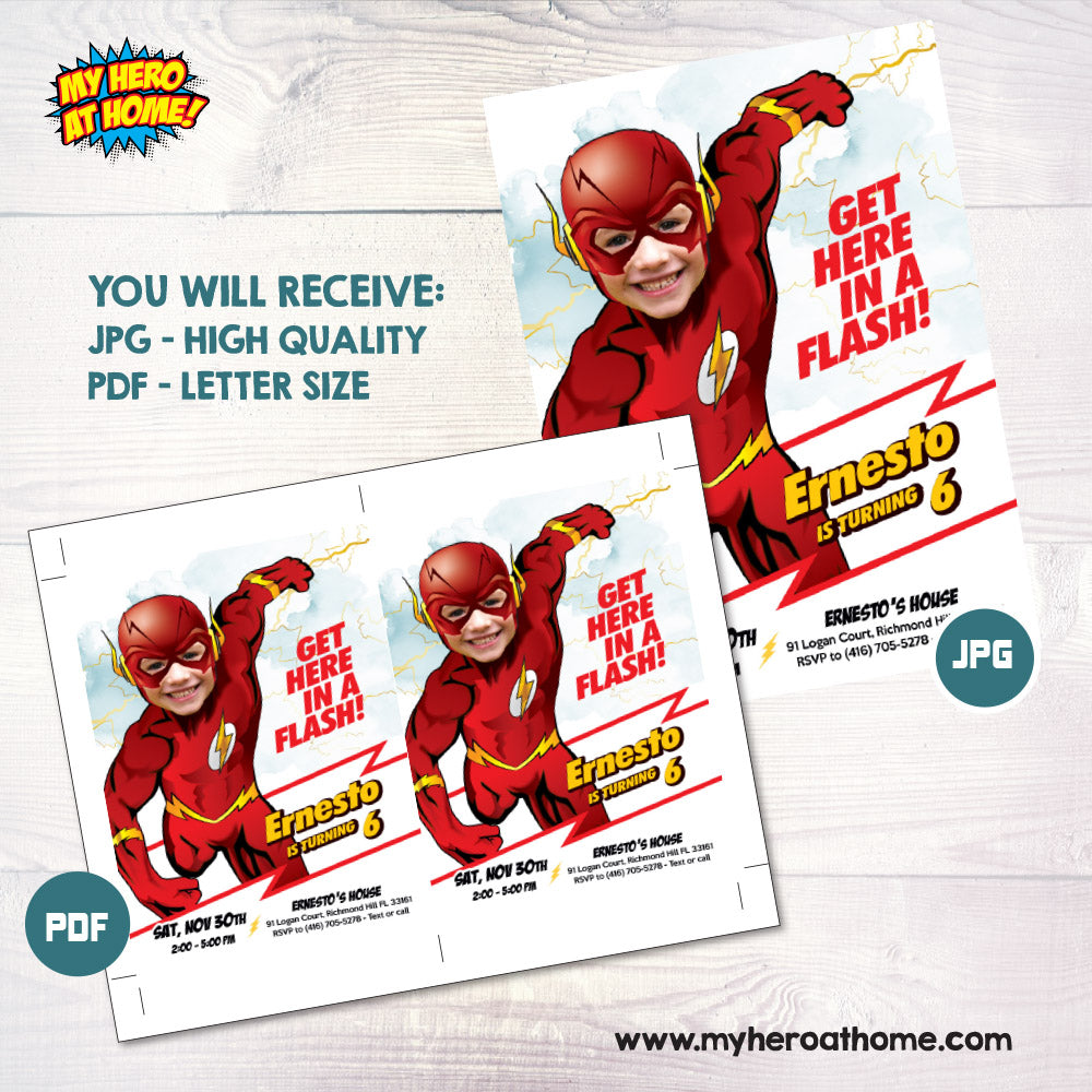 Get here in a Flash birthday Invitation with birthday boy as the Flash, Digital invite themed Flash. 2100IN