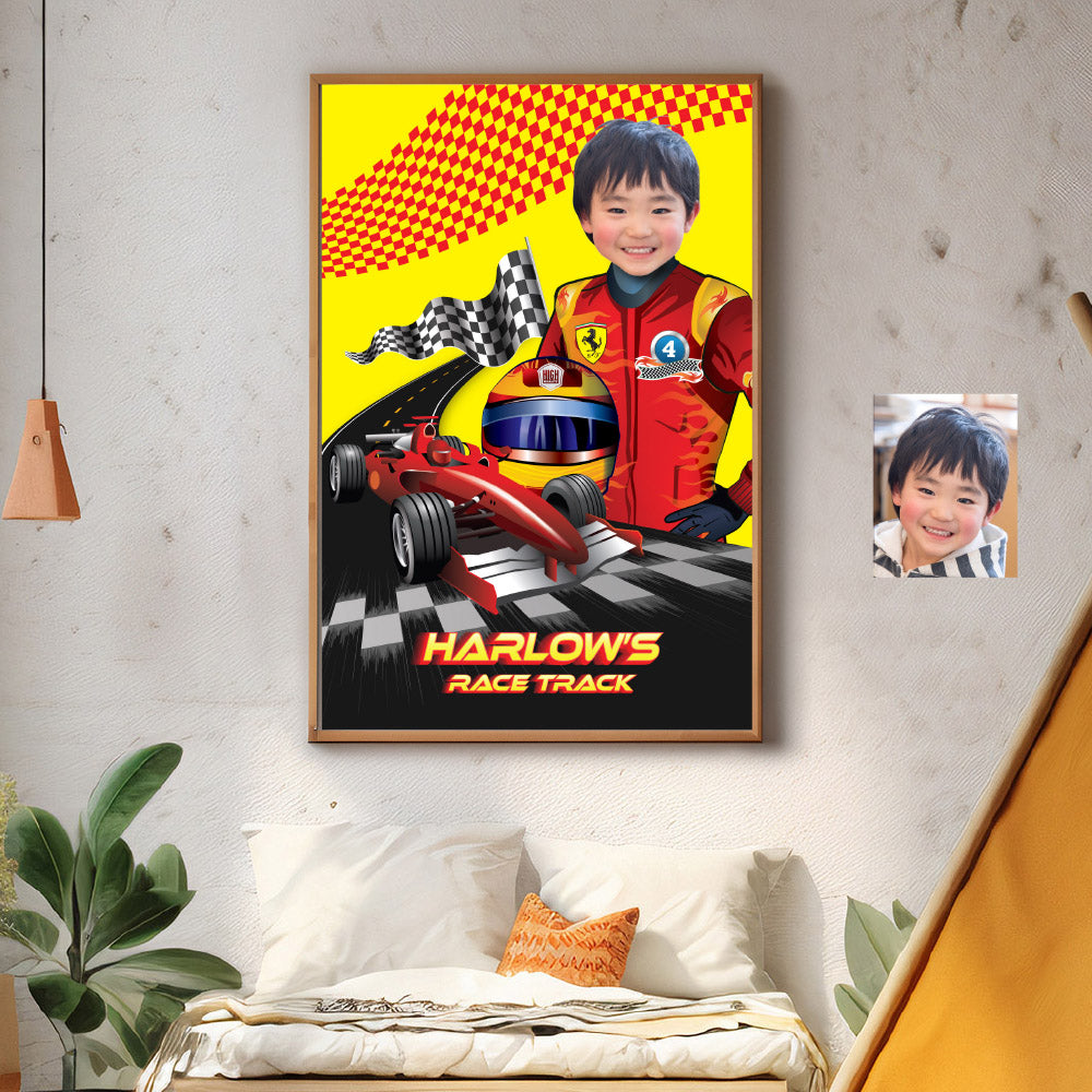 Race Car Ferrari custom poster with kid as the star driver, Racing Car Yellow and Red gift decor. 2105GF