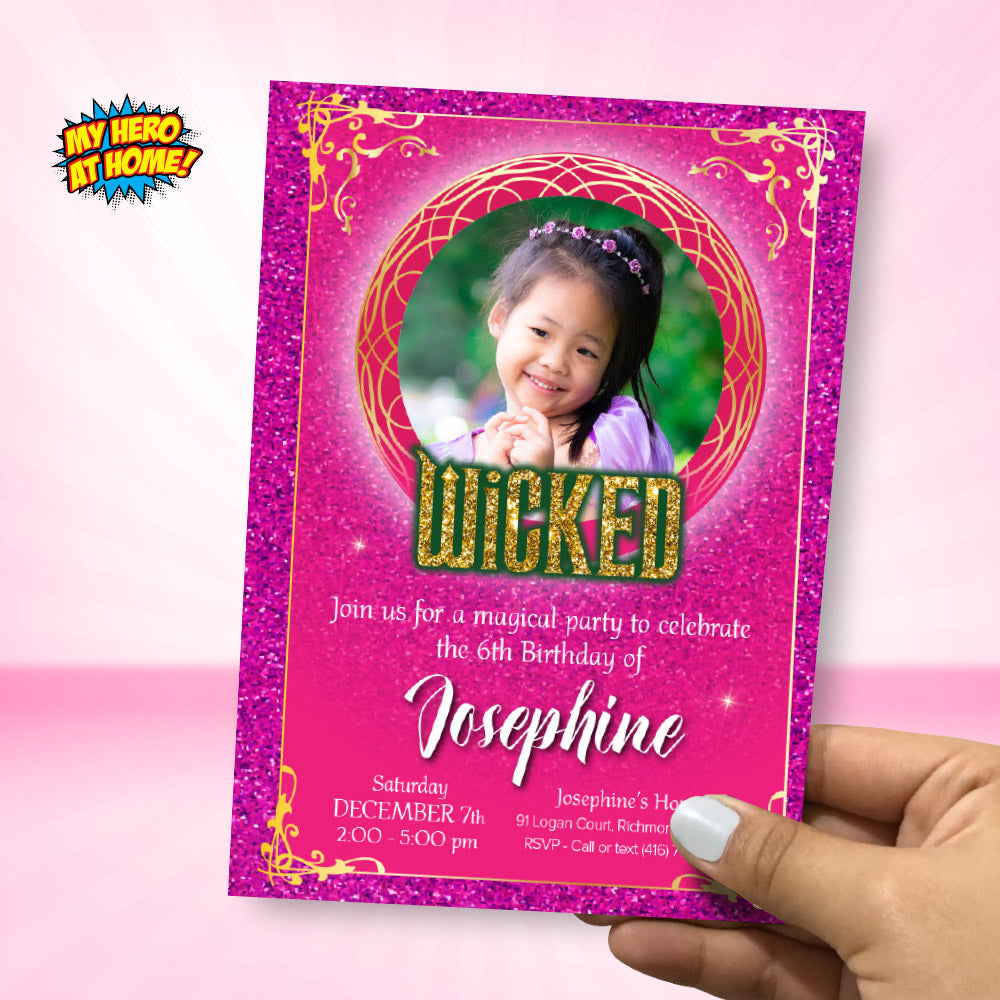 Pink and Gold Wicked Birthday Invitation with Girl’s photo (Thank You Tags included). 2132