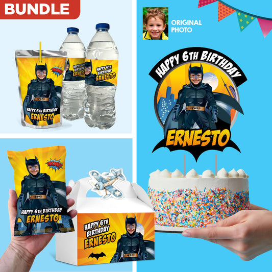 Bundle Batman Party table, Batman Cake Topper, snacks labels, Chip bags, Gable box, Drink labels. 215B1