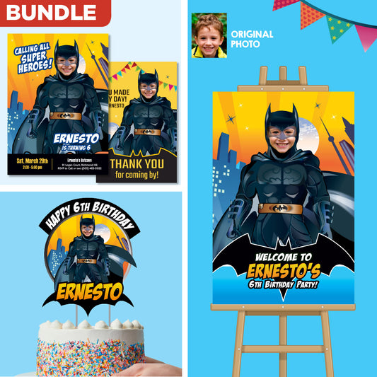 Bundle Batman Birthday, Invitation and Thank you, Cake Topper and Welcome Sign, all with your kid as Batman. 215B2