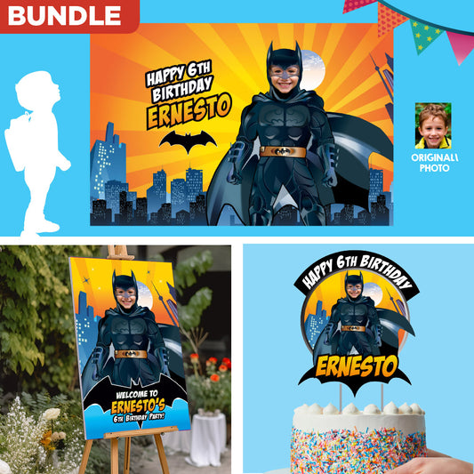 Bundle Batman Party decoration, Batman Banner Backdrop with photo, Cake Topper and Welcome Sign of Batman. 215B4