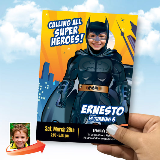 Batman birthday party Invitation with your kid as Batman, Batman party photo template. 215IN