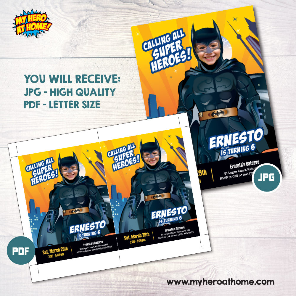 Batman birthday party Invitation with your kid as Batman, Batman party photo template. 215IN