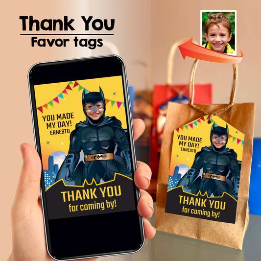 Batman Thank you card with your photo, Batman Favor tags, Personalized Batman party favors tags. 215TY