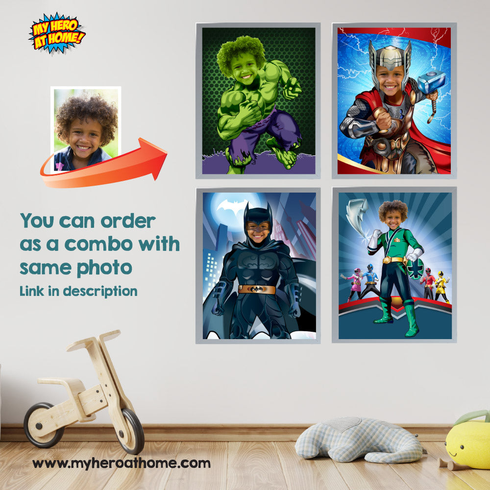 Superheroes photo posters featuring your kid, two custom prints themed Super Heroes. 2204B