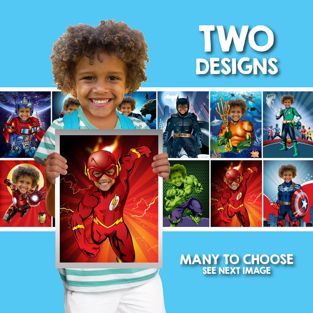 Superheroes photo posters featuring your kid, two custom prints themed Super Heroes. 2204B