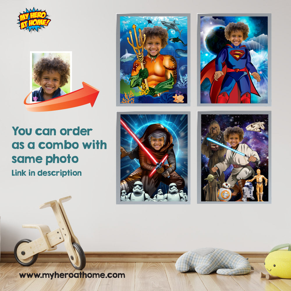 3 Super heroes prints with your kid as the star, Superheros photo posters bedroom decoration. 2204C