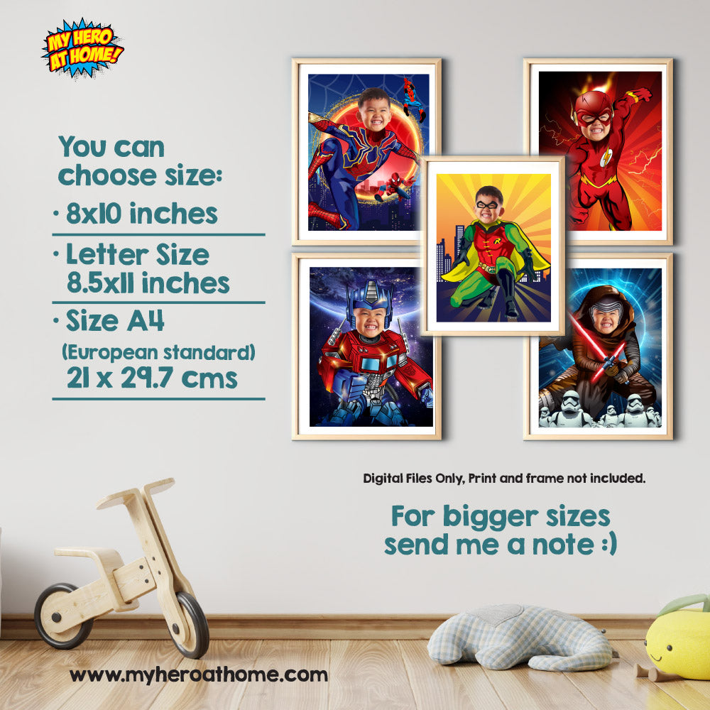 Five Superheroes printable Gifts with your child as the star, 5 prints Super heroes prints gifts. 2204E