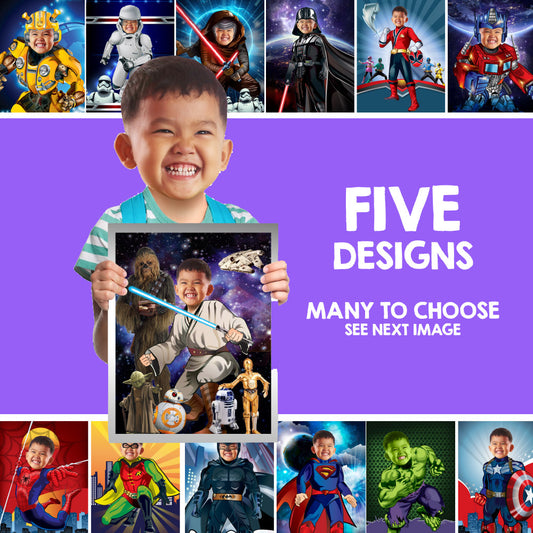 Five Superheroes printable Gifts with your child as the star, 5 prints Super heroes prints gifts. 2204E