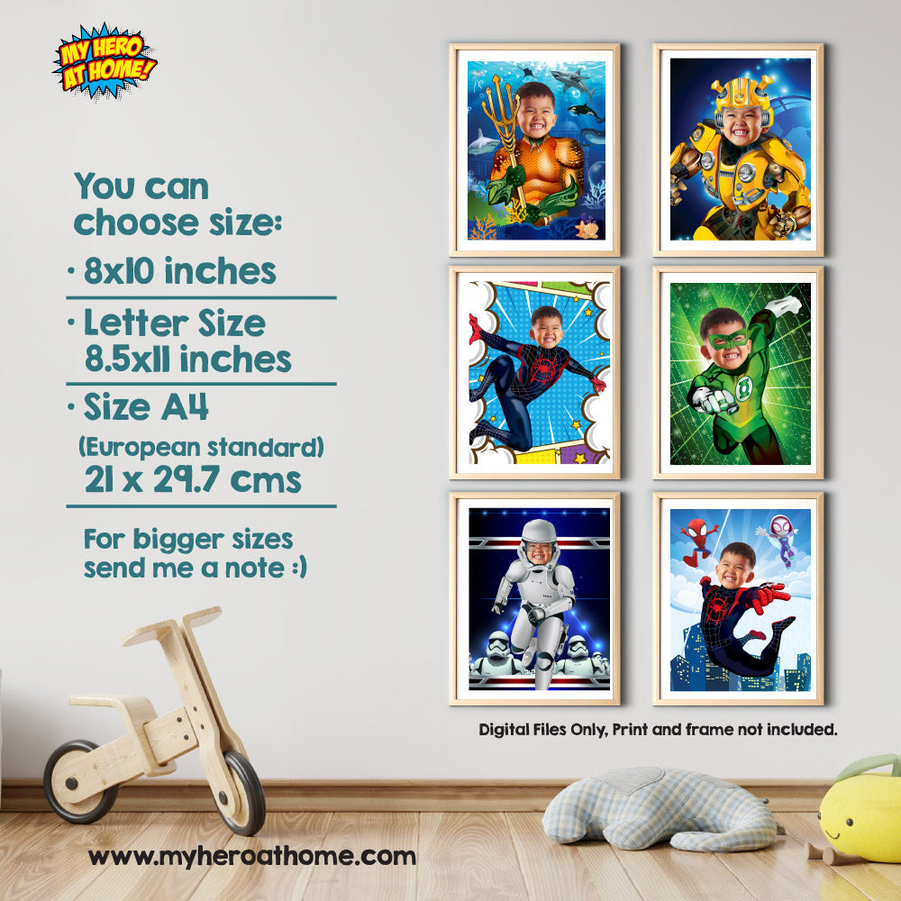 Six Gifts Prints of Superheroes with the photo of your kid, Set of 6 Super heroes prints, 6 prints of superheroes gifts. 2204F