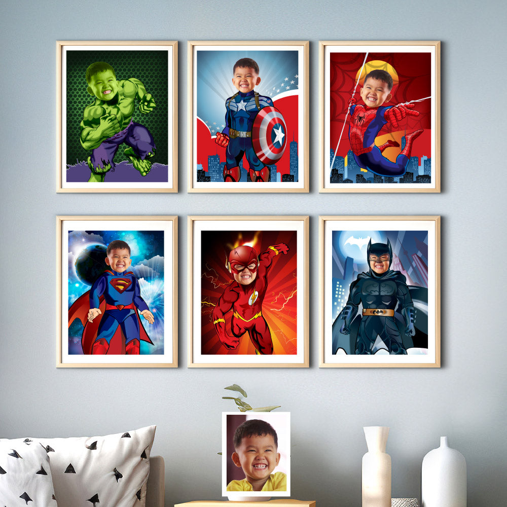 Six Gifts Prints of Superheroes with the photo of your kid, Set of 6 Super heroes prints, 6 prints of superheroes gifts. 2204F