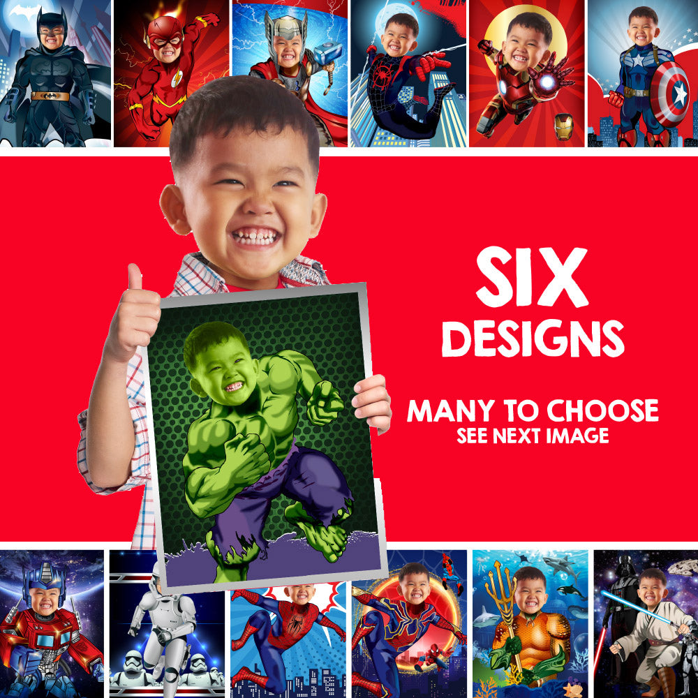 Six Gifts Prints of Superheroes with the photo of your kid, Set of 6 Super heroes prints, 6 prints of superheroes gifts. 2204F