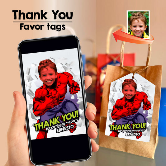 Personalized Red Hulk thank you card, Red Hulk Party favors, Red Hulk labels, Red Hulk goodies, Red Hulk bag 2257TY