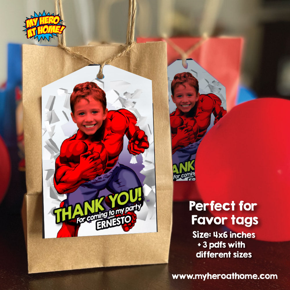 Personalized Red Hulk thank you card, Red Hulk Party favors, Red Hulk labels, Red Hulk goodies, Red Hulk bag 2257TY