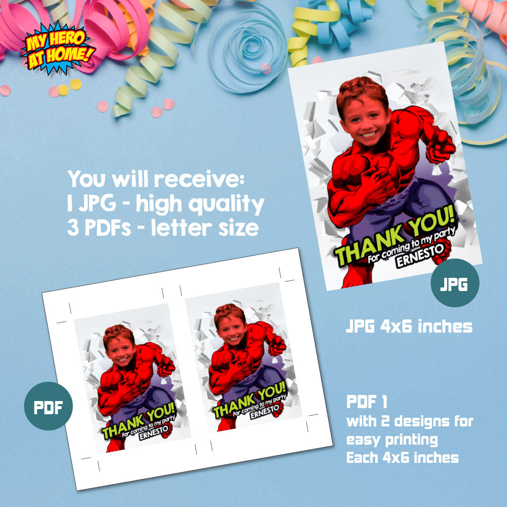 Personalized Red Hulk thank you card, Red Hulk Party favors, Red Hulk labels, Red Hulk goodies, Red Hulk bag 2257TY