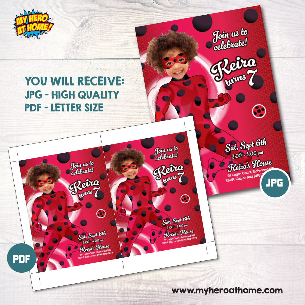 Miraculous Ladybug birthday invitation with your kid as the star, Ladybug digital invite, Ladybug party flyer. 2283IN