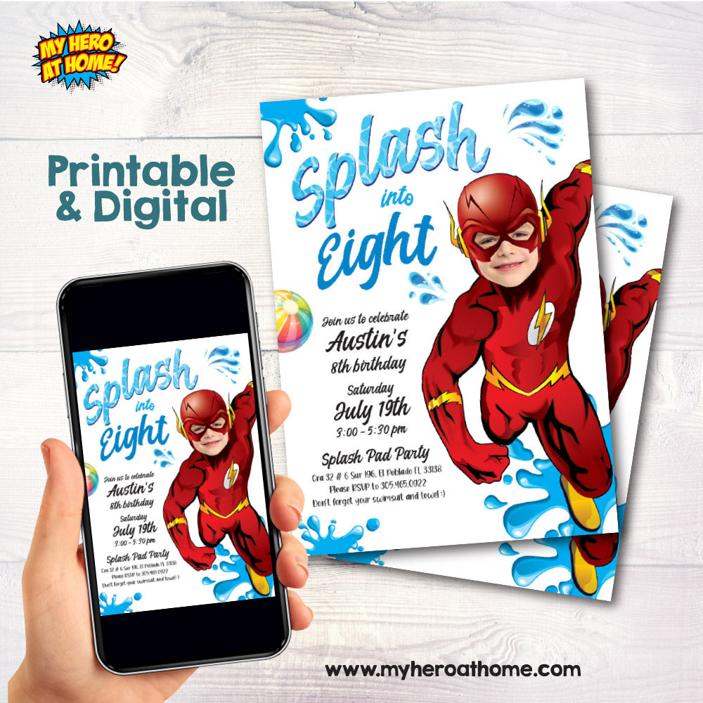 Flash Splash Party Invitation with your photo, Flash Splash template, Justice League Splash pad party. 2295