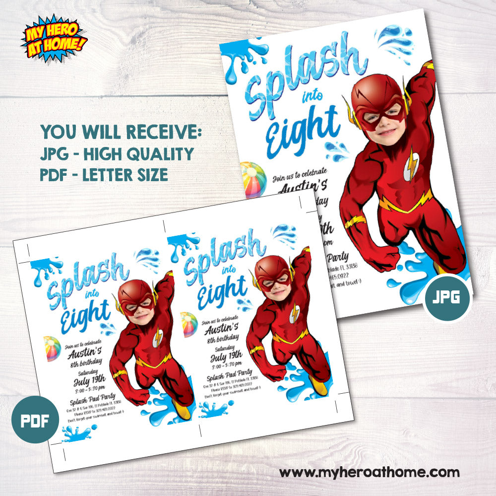 Flash Splash Party Invitation with your photo, Flash Splash template, Justice League Splash pad party. 2295