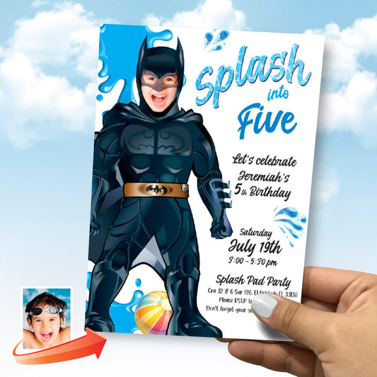 Customizable Batman Splash Pad Party Invitation with your photo, Batman Splash template, Justice League Splash party. 2296